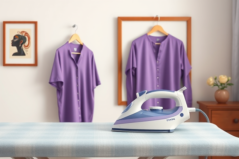 Generate a high-quality vector illustration of an iron on an ironing board with a purple shirt hanging on a rack, a framed art piece on the wall, use a DSLR camera with f/2.8 aperture, 50mm lens, 1/125 sec shutter speed, soft lighting to enhance colors and details.