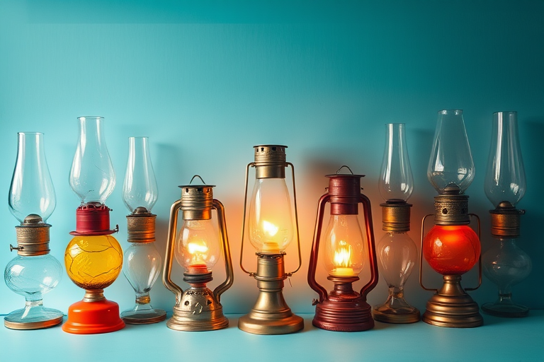 Generate a high-resolution image of eight vintage oil lamps arranged in a visually appealing manner, using a DSLR camera with a 50mm lens, aperture set at f/1.8, ISO 200, and a soft natural light setup, capturing in a top-down view with vibrant colors and fine details.