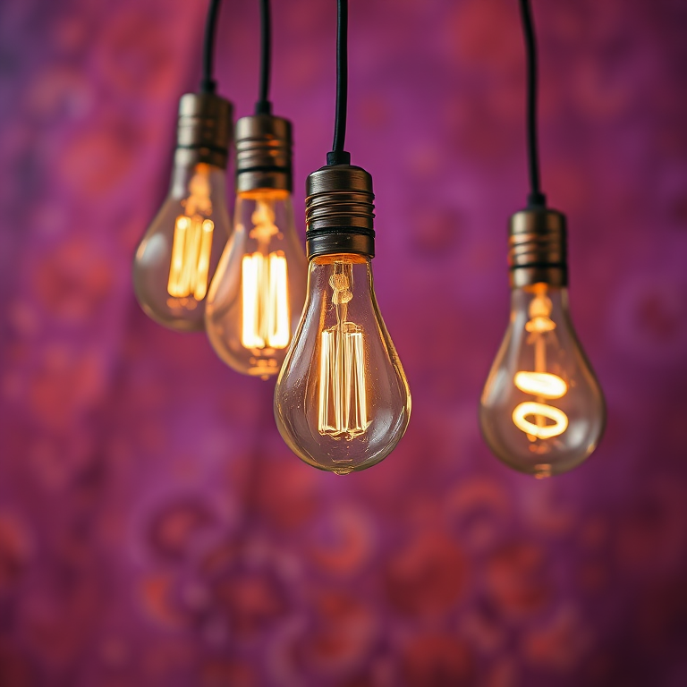 Create an image of hanging light bulbs on a vibrant, textured background blending purple and orange hues, shot with a Canon EOS R5 at f/2.8, 50mm lens, ISO 200, and a soft focus style to enhance the ethereal glow of the bulbs.