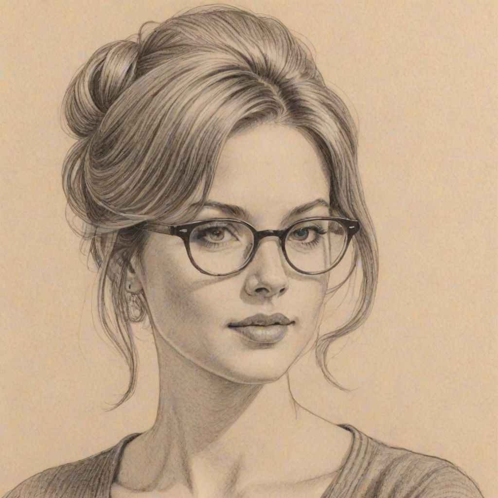 Captivating Debbie Ryan, pencil sketch, portrait of Delightful woman 1973s in glasses, hair style beatnik, outline, clear lines, fine lines, 8k