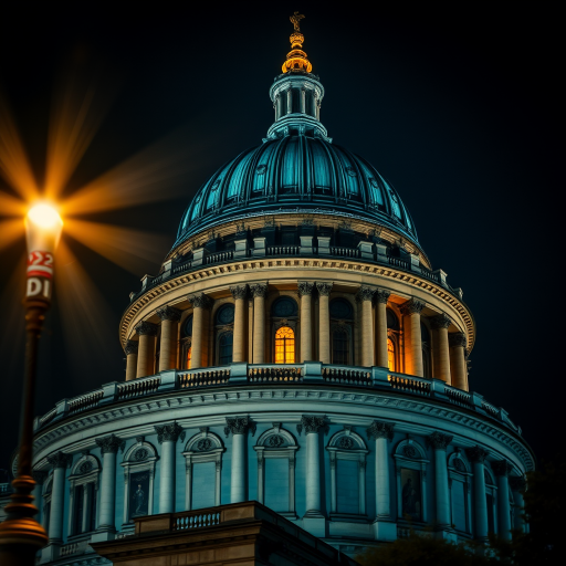 nighttime shot of St. Paul's Cathedral dome with dramatic lighting, ISO 100, f/2.8, 1/60s, 24mm lens, slight tilt-shift effect, DSLR camera, high dynamic range imaging