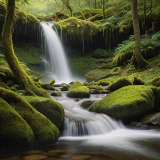 Soft-focus image of a serene waterfall cascading down moss-covered rocks, surrounded by lush greenery and soft beams of light filtering through the trees above.