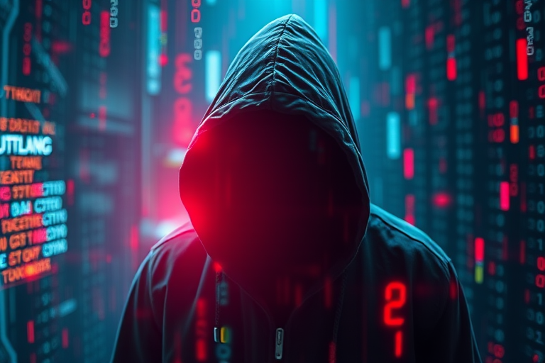 Generate a mysterious cyberpunk image of a hooded figure surrounded by glowing binary code and abstract digital elements, captured with a DSLR camera at f/2.8 aperture, ISO 200, with a shallow depth of field, and a soft focus background in vibrant colors.
