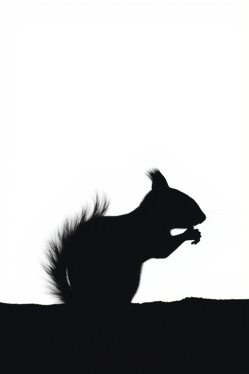 Create a high-resolution silhouette of a squirrel on a white background with soft natural lighting, using a DSLR camera at f/2.8 aperture, ISO 100, 50mm lens, and a side view perspective to capture fine details.