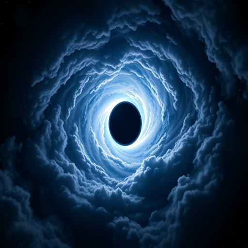 Create a high-resolution image of a black hole surrounded by a glowing accretion disk and swirling clouds, using a Canon EOS R5 with a 24mm f/1.4 lens, ISO 100, f/8, shutter speed 1/250s, shot from a cosmic perspective to enhance the depth and detail.
