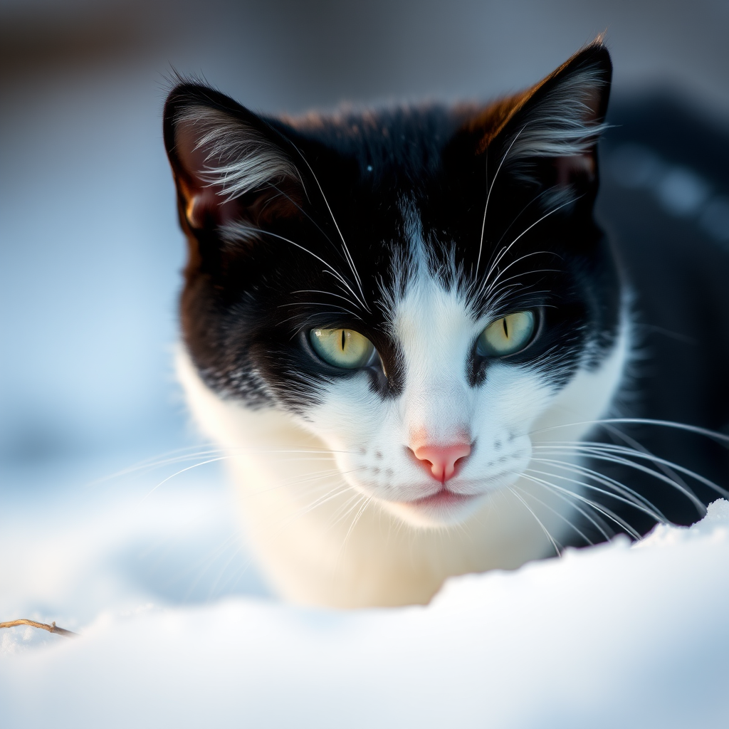 regenerate the image of a black and white cat in the snow, shallow depth of field, f/2.8, ISO 200, 1/500 sec, soft natural lighting, DSLR view, portrait-oriented, high-resolution