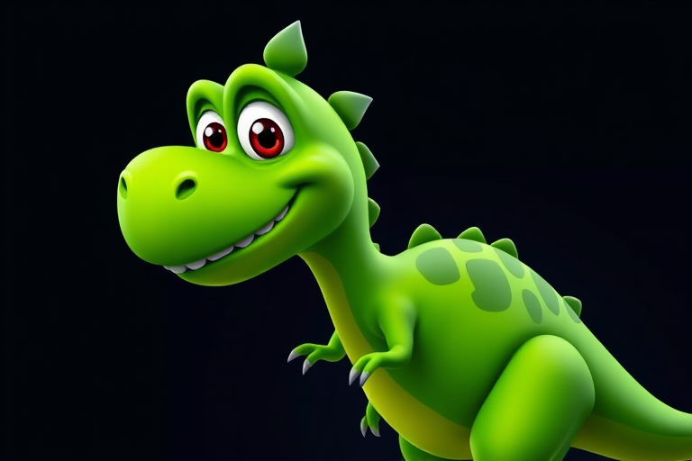 create a vibrant, stylized green dinosaur character with a playful expression, set against a rich dark background, ensure sharp detail and clean lines, using a digital art style, captured with a virtual camera at f/5.6, 24mm lens, ISO 100, and soft studio lighting for enhanced depth and clarity