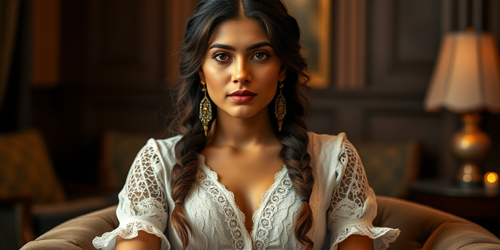 Create a portrait of a refined and elegant Afghan woman seated in a sophisticated setting. She has long, wavy hair styled in two thick braids that are pulled over her shoulders. She wears a white, lace gown with intricate patterns, featuring a deep V-neckline and short sleeves. The dress exudes a vintage charm with its delicate lacework. She is adorned with ornate, dangling earrings that add a touch of glamour to her appearance. The background is softly lit, with warm, ambient lighting that creates a cozy and inviting atmosphere. Her expression is poised and serene, capturing a sense of grace and elegance.