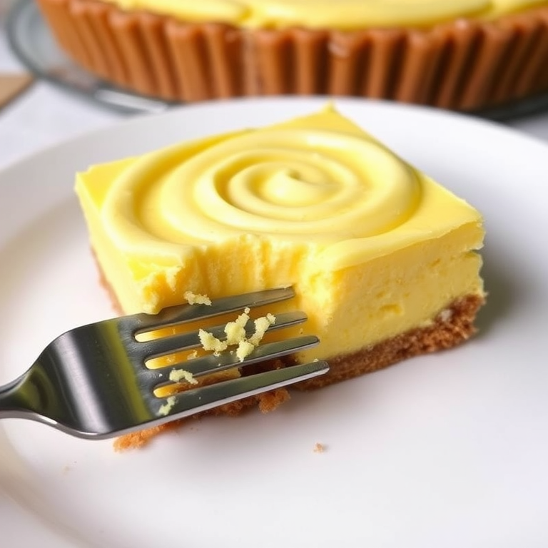A close-up view of a delicious yellow dessert with a creamy swirled top on a graham cracker crust placed on a white plate, with one square piece on a fork ready to be served.