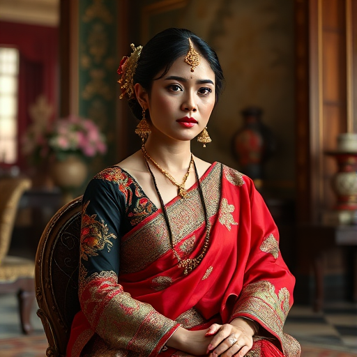 A beautiful Bangladeshi woman in traditional East Asian attire, intricately detailed with embroidered patterns, sitting gracefully in a richly decorated room, soft ambient lighting, serene and elegant, ultra-realistic, 8K resolution