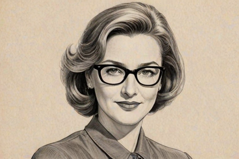 Magnificent Brenda Strong, pencil sketch, portrait of Fetching woman 1950s in glasses, hair style beatnik, outline, clear lines, fine lines, 8k