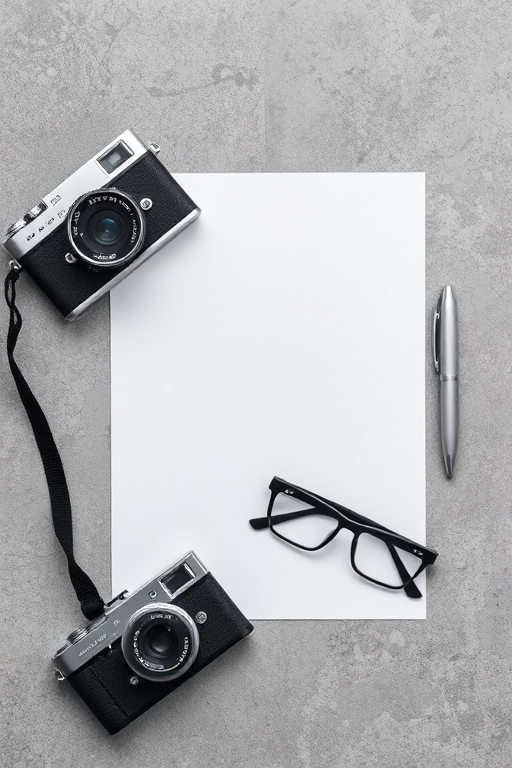 Create a flat lay composition featuring a vintage camera, a blank sheet of paper, a silver pen, and stylish black glasses on a textured gray surface with a focal length of 50mm, aperture set to f/2.8, ISO 100, and natural lighting for enhanced image quality.