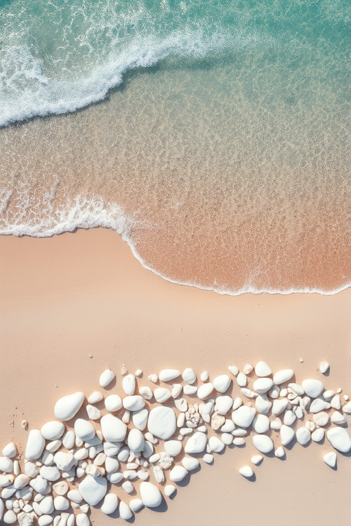 aerial view of a sandy beach with smooth white pebbles and gentle waves lapping at the shore, capturing the vibrant turquoise water and detailed textures of the stones, taken with a Canon EOS 5D Mark IV, f/8 aperture, ISO 100, 1/200 sec shutter speed, high dynamic range for enhanced colors and clarity