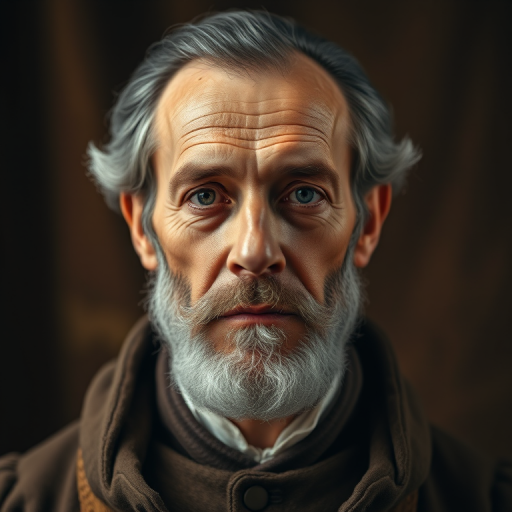 regenerate an artistic portrait of a historical figure, using a Canon EOS R5 camera with an 85mm lens, f/1.8 aperture, ISO 100, 1/125s shutter speed, front view, soft focus background for depth enhancement and warm color tones
