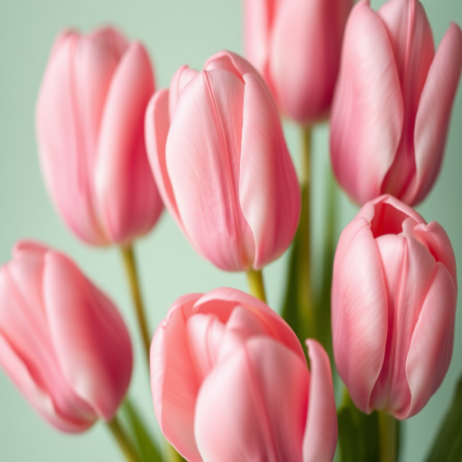 Close-up of pink tulips with smooth petals against a soft mint green background, using a DSLR camera with a 50mm lens, aperture f/2.8, ISO 100, and a shallow depth of field for a soft bokeh effect.