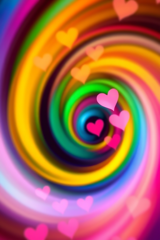 Colorful abstract swirl with hearts, soft focus, 50mm lens, f/2.8 aperture, ISO 100, long exposure, vibrant colors, studio lighting, high-resolution image.