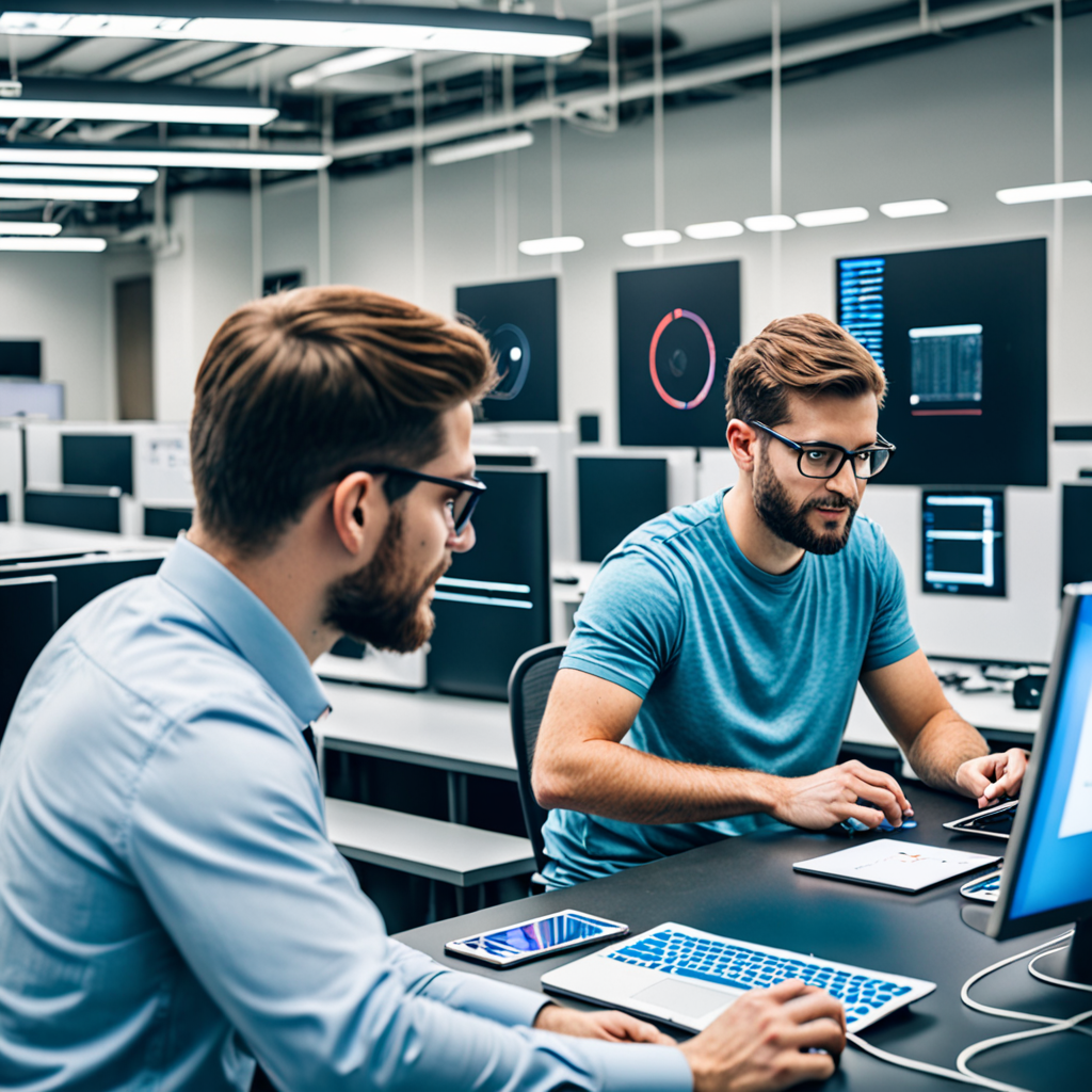 A man making design and another man coding in high tech room