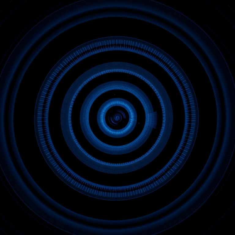 Create a high-resolution abstract image of a spiral pattern with concentric circles in shades of blue and black, using a Canon EOS R5 camera, 50mm lens, f/8 aperture, ISO 100, and a shot angle of 45 degrees for depth.