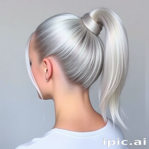 Holographic silver hair styled in a sleek high ponytail with wrapped sections, named "Futuristic Elegance" look, showcasing a mirror-like shine and seamless blending