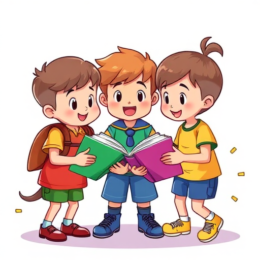 Create a high-quality illustration of three cartoon book characters exchanging books in a circular motion, using a vibrant color palette, with a digital art style, captured from a front view, ensuring a crisp and clear image quality at 300 DPI resolution.