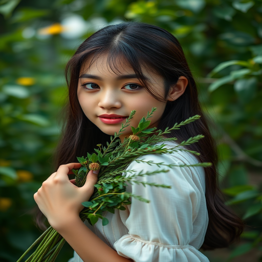 portrait of a young woman holding a bouquet of greenery in a lush garden setting, taken with a Canon EOS R5, 50mm lens at f/1.8, ISO 100, soft natural lighting, shallow depth of field, vibrant colors, cinematic style