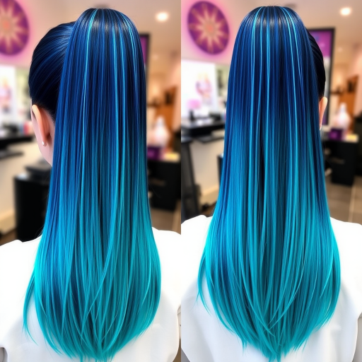 Midnight blue to turquoise gradient, styled in a sleek, high ponytail by "Galactic Glam" hair experts, showcasing a smooth, polished finish with holographic strips woven throughout, creating an otherworldly effect that shimmers and shifts with every movement.