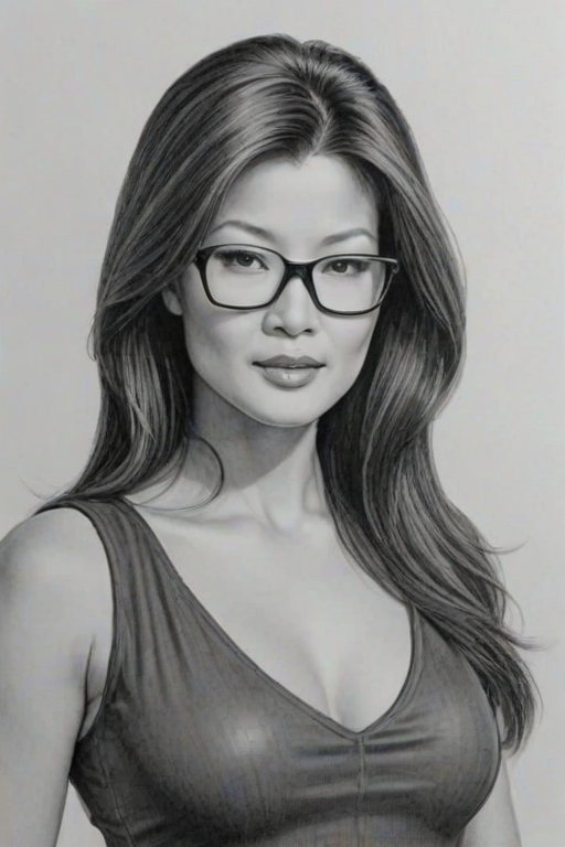 Gorgeous Kelly Hu, pencil sketch, portrait of Lovely woman 1966s in glasses, hair style beatnik, outline, clear lines, fine lines, 8k