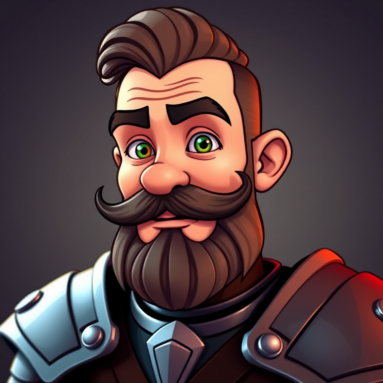 create a cartoon character portrait of a man with a mustache and armor in a colorful style, using a DSLR camera with a 50mm lens, f/1.8 aperture, 1/200s shutter speed, 100 ISO, in a well-lit studio setting for enhanced image quality
