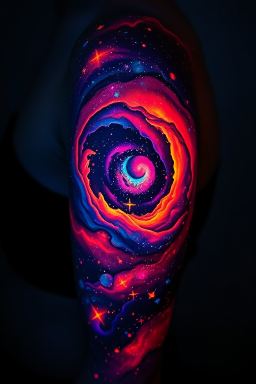 Vibrant UV ink tattoo of a cosmic galaxy scene, invisible in normal light but revealing swirling nebulae and twinkling stars under blacklight, creating a magical, otherworldly effect