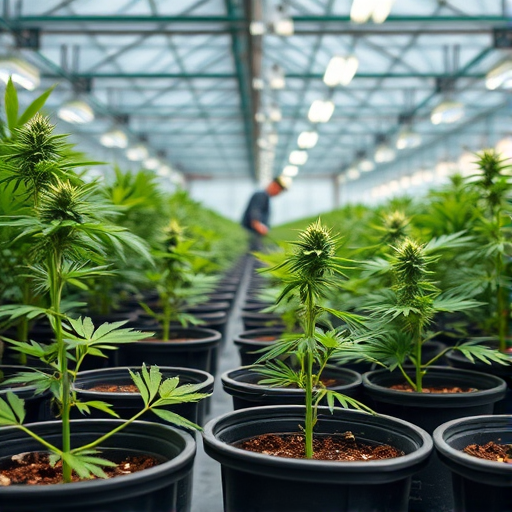 photograph a greenhouse interior with young cannabis plants in pots in the foreground and workers tending to the plants in the background, shot with a Canon EOS R5, 24mm lens, aperture f/2.8, ISO 100, shutter speed 1/200 sec, with a shallow depth of field to emphasize the plants while softly blurring the background