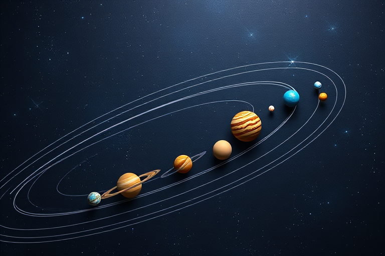 Create a vibrant illustration of the solar system with scaled planets along a curved path in space, utilizing a DSLR camera at f/5.6 aperture, ISO 100, 24mm focal length, shot in a flat lay perspective with a soft light style to enhance colors and details.