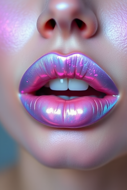 Ethereal Holographic Lilac lip style presenting a prismatic shine, iridescent finish, and buildable coverage, ideal for avant-garde and futuristic makeup concepts