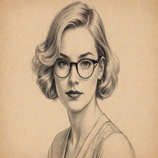 Graceful Leslie Grossman, pencil sketch, portrait of Graceful woman 1923s in glasses, hair style beatnik, outline, clear lines, fine lines, 8k