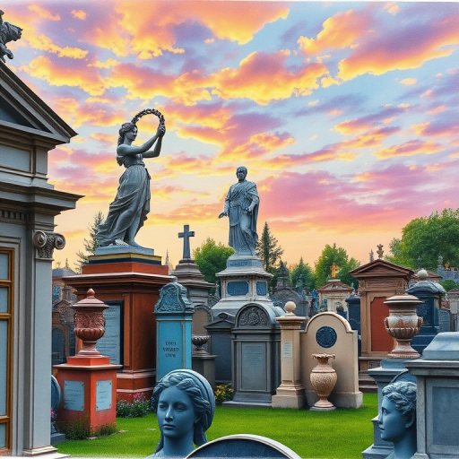 Create a vivid watercolor illustration of a cemetery scene featuring ornate tombstones, a statue of a woman holding a laurel wreath, historical busts, and decorative vases under a colorful sky, captured with a Canon EOS R, 50mm lens, f/1.8, ISO 100, evoking a soft focus and rich colors.