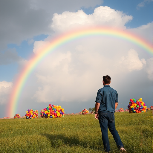Generate an image of a person standing in a field with a vibrant rainbow and colorful clouds filled with balloons in the background, using a DSLR camera with a 50mm lens at f/1.8, ISO 100, 1/200 sec shutter speed, shot from a low angle to emphasize the scale of the rainbow, and in bright daylight to enhance colors and detail.