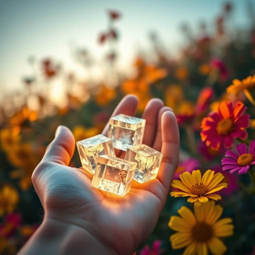 Capture a close-up shot of a hand holding glowing crystal-like cubes surrounded by vibrant flowers in soft focus, using a DSLR camera with a 50mm lens, aperture f/1.8, ISO 200, 1/200s shutter speed, and golden hour lighting for enhanced warmth and clarity.