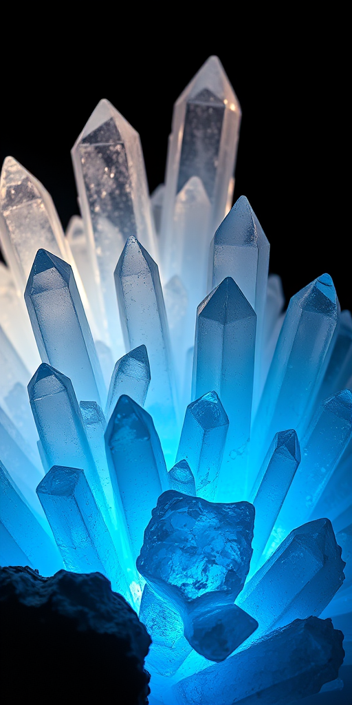Create a high-resolution image of a cluster of crystal formations with varying heights and sharp edges, illuminated from below with a soft blue glow, captured with a Canon EOS R5, 50mm lens, f/1.8 aperture, ISO 100, at a low angle to emphasize depth and detail.