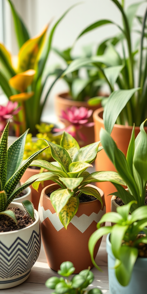 Generate a detailed illustration of various houseplants in decorative pots, focusing on vibrant colors and textures, captured using a DSLR camera with a 50mm lens, f/2.8 aperture, ISO 100, soft natural lighting, and a shallow depth of field for a clean background.