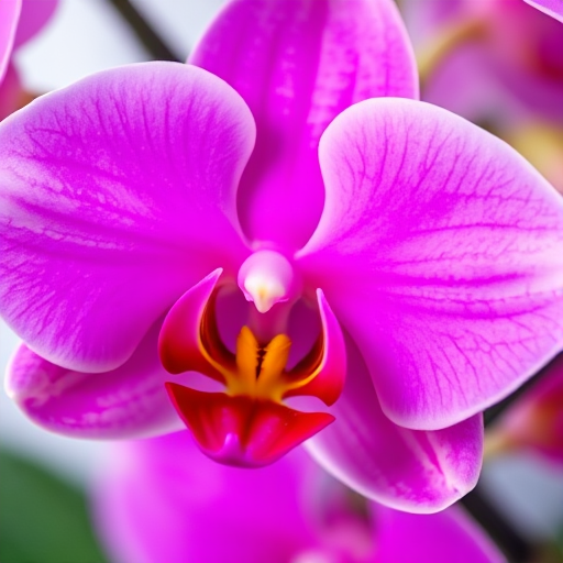 A close-up of a vibrant pink orchid flower with delicate petals and a soft, blurred background.