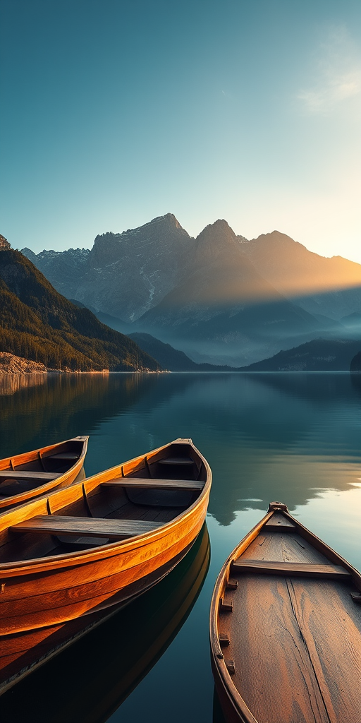 capture a serene lake scene with wooden boats in the foreground and majestic mountains in the background at golden hour, 35mm lens, f/8 aperture, ISO 100, shutter speed 1/125s, landscape orientation, DSLR camera, wide-angle view, high dynamic range imaging