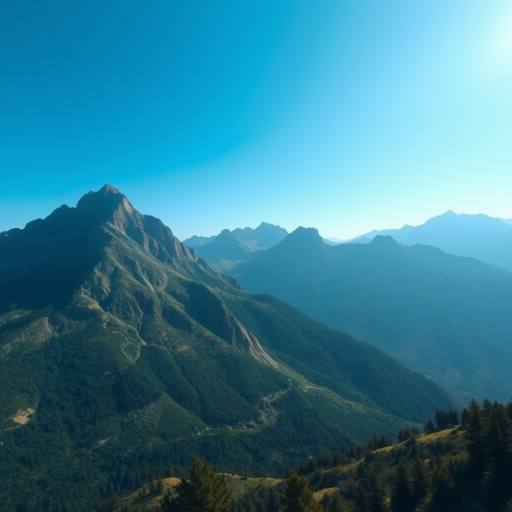 Generate an image of a serene mountain landscape with a clear blue sky, shot with a DSLR camera at f/8, ISO 100, shutter speed 1/250s, from a wide-angle view to enhance depth, with vibrant colors and high contrast for clarity.