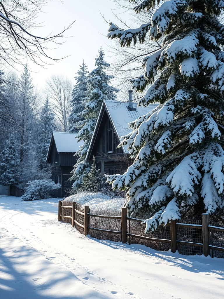 winter landscape with a snow-covered house and trees, soft natural lighting, focal length 35mm, aperture f/8, ISO 200, wide shot, DSLR camera, high resolution