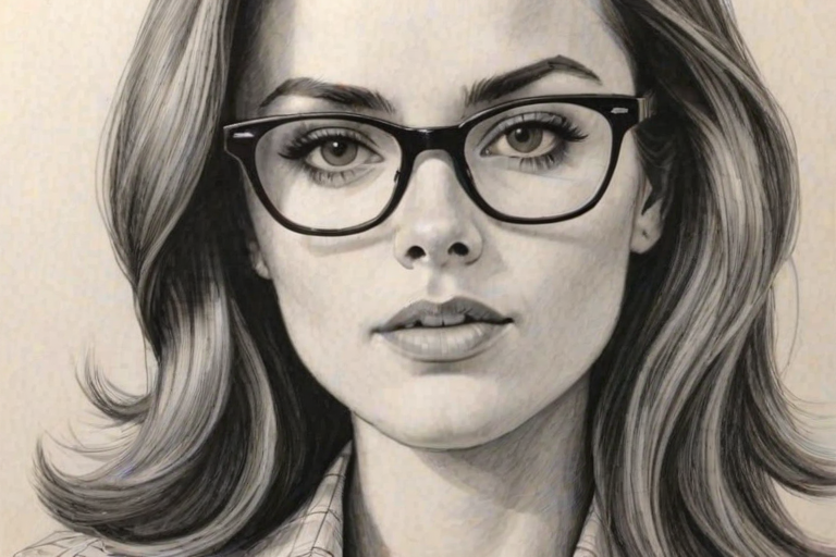 Comely Erin Cahill, pencil sketch, portrait of Alluring woman 1965s in glasses, hair style beatnik, outline, clear lines, fine lines, 8k