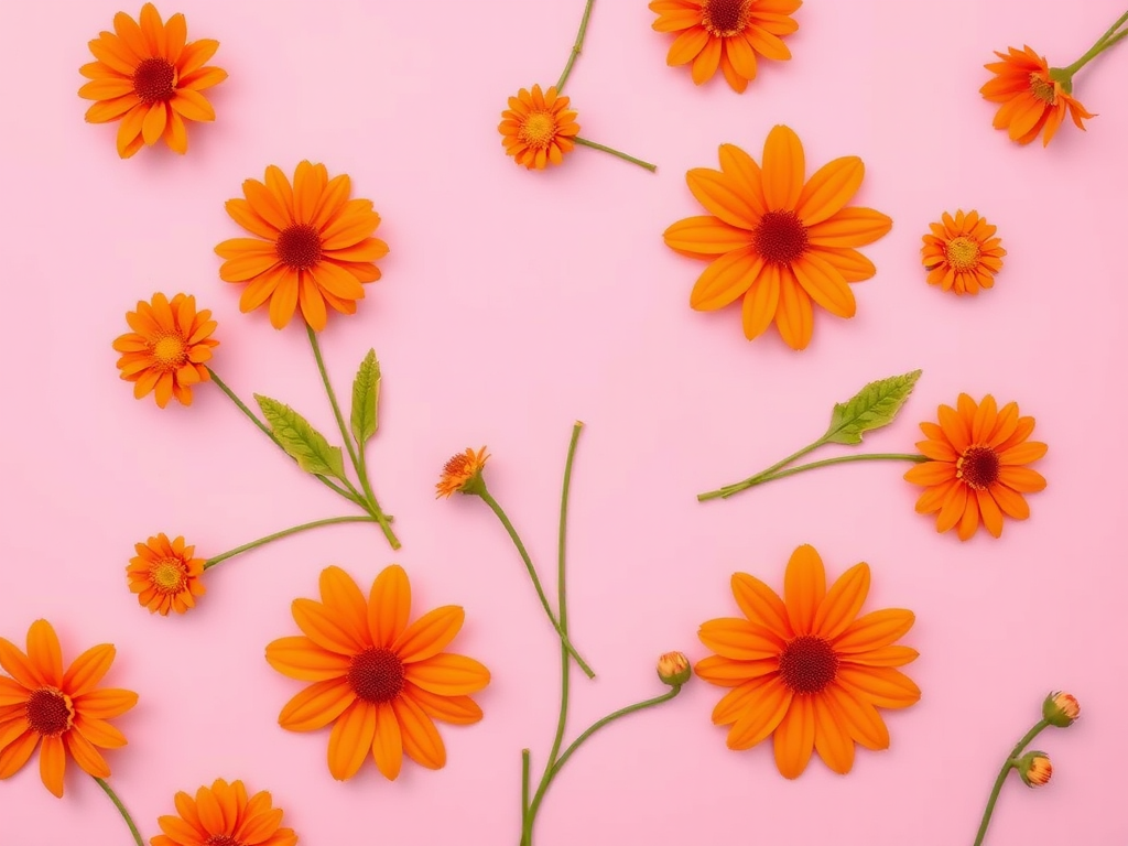 Create a vibrant floral pattern with stylized orange flowers of varying sizes against a soft pink background, using a DSLR camera with a 50mm lens, f/2.8 aperture, ISO 100, shot from a top-down view in a flat lay style to enhance clarity and color contrast.
