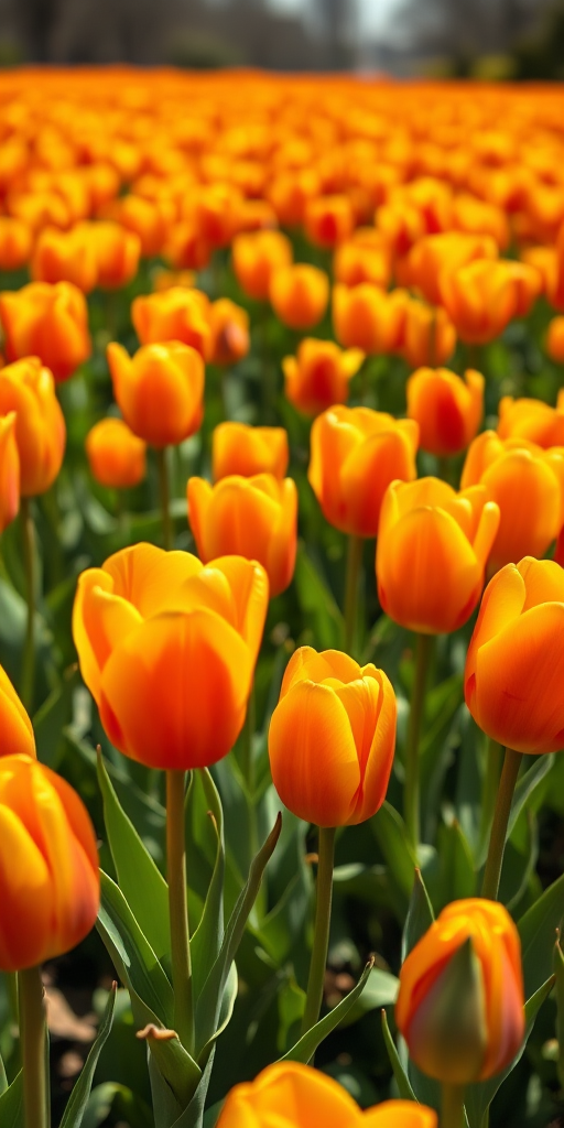 A vibrant field of orange and yellow tulips in full bloom, captured with a Canon EOS R5 camera at f/2.8 aperture, ISO 100, 50mm lens, in a macro view to highlight the details of the petals and leaves, using natural lighting for enhanced color saturation.