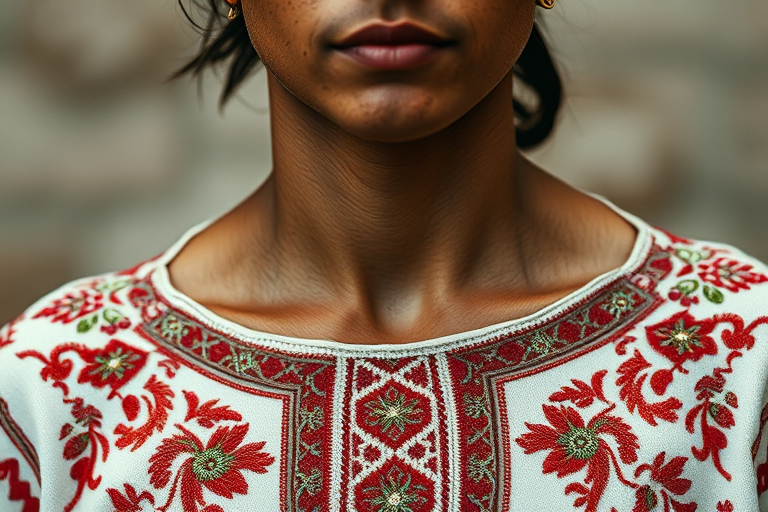 Face, shoulders, chest covered in openwork Druze embroidery. Raw, unedited image.