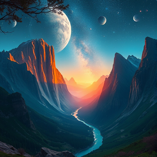 Create a high-resolution fantasy landscape with towering crystalline mountains, a winding river, and a starry sky with multiple planets, using a DSLR camera set to f/11, ISO 100, 1/200s, wide-angle view, vivid colors and high dynamic range.