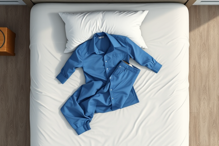 Generate a digital illustration of a unmade bed with a pillow, a blue shirt, and blue pants draped over it, using a top-down perspective, with a DSLR camera type, f/2.8 aperture, ISO 100, and a soft lighting setup for enhanced image quality.