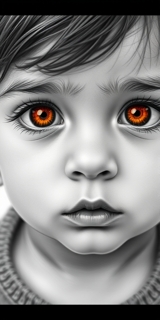 A hyperdetailed photorealistic black and white sketch of a beautiful toddler with deep orange eyes, with a macro focus