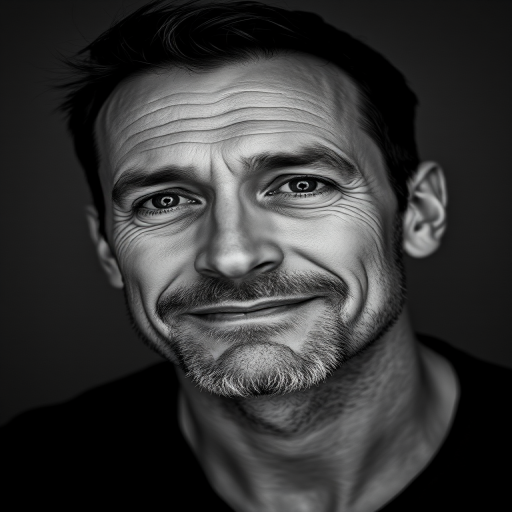 Create a high-contrast black and white portrait of a man with a slight smirk, using a Canon EOS R5 with a 50mm lens, aperture set to f/1.8, ISO 100, and shutter speed of 1/200s, in a studio setting with soft lighting to enhance facial features.